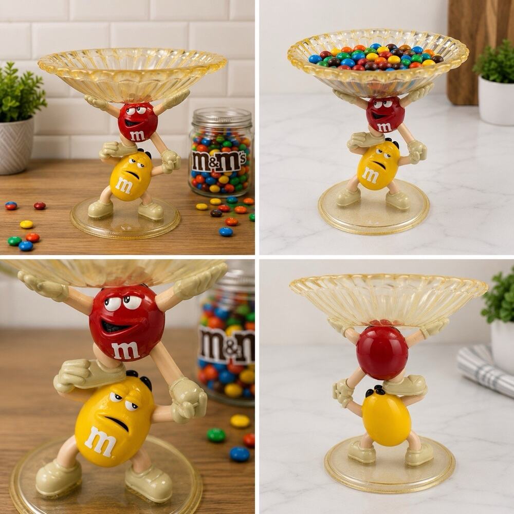M&M’s Candy Dish Bowl Red & Yellow Characters Plastic Display Snack Holder